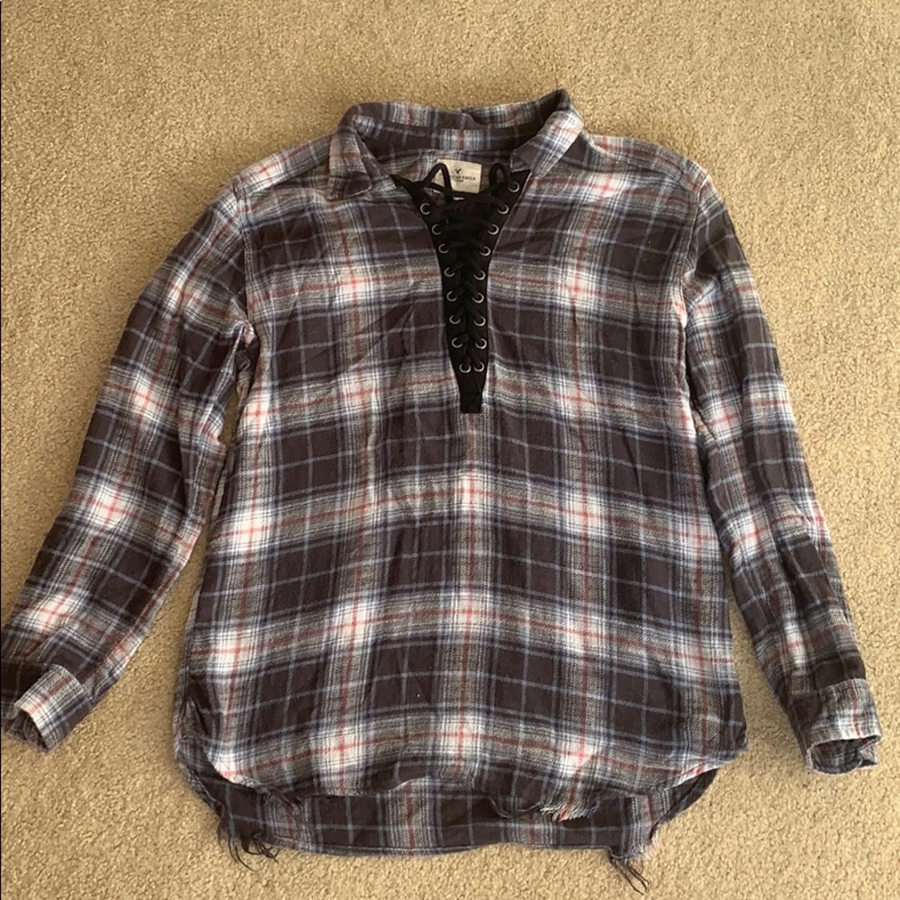 American Eagle Grey Lace Up Flannel
